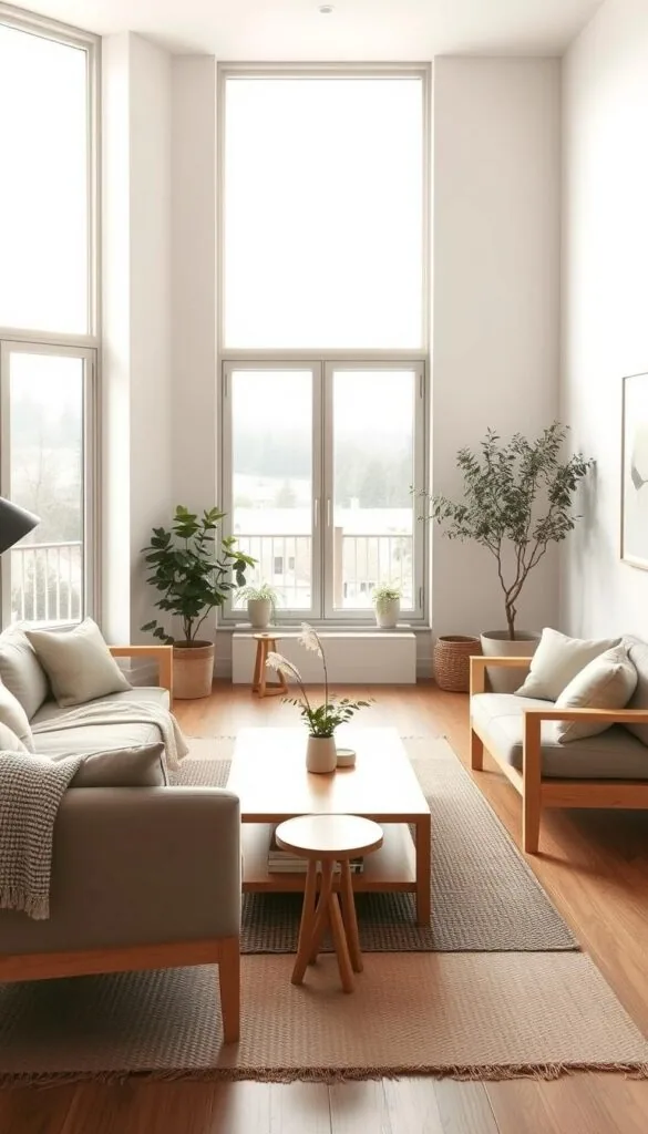 A serene Scandinavian-inspired living room bathed in natural light. A large window frames a tranquil outdoor scene, casting a warm glow across the space. Minimalist light oak furniture, including a plush sofa and armchairs, creates a cozy and inviting atmosphere. A sleek, low-profile coffee table and side tables complement the clean-lined aesthetic. Subtle textures, such as woven rugs and throw pillows, add depth and visual interest. Potted plants and a simple, understated art piece on the wall complete the Nordic-chic ambiance, exuding a sense of calm and refined elegance.