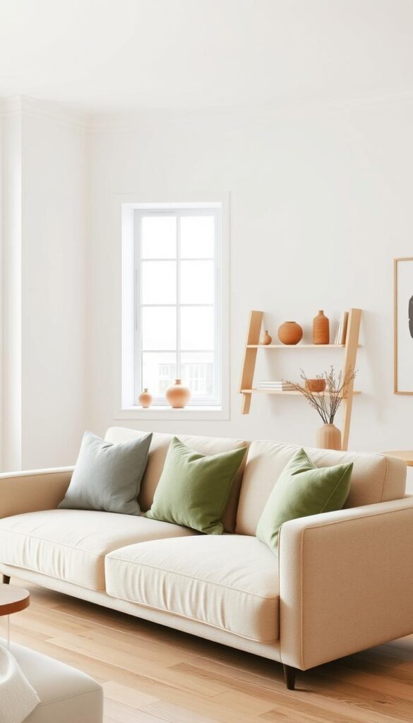 A serene Scandinavian living room with a neutral color palette. In the foreground, a plush, minimalist sofa in soft beige tones sits atop a light-colored wooden floor. Accent pillows in muted greens and grays add subtle pops of color. In the middle ground, a large window floods the space with natural light, casting a warm glow on the room. Minimalist, angular shelving units line the walls, displaying decorative objects in earthy tones. The background features plain white walls, complemented by clean-lined, Scandinavian-inspired artwork. The overall atmosphere is one of calm, understated elegance and timeless appeal.