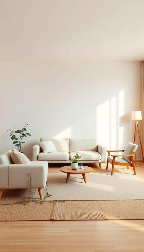 A serene and well-balanced Japandi-inspired living room with a neutral color palette. A spacious, minimalist layout featuring a plush, oatmeal-colored sofa, complemented by a natural wood coffee table and sleek, mid-century modern armchair. The room is bathed in warm, diffused lighting, creating a cozy and inviting ambiance. Tall, slender floor lamps and natural fiber area rugs add texture and depth. Subtle pops of greenery, such as a potted fiddle-leaf fig and trailing plants, bring a touch of nature indoors. The overall aesthetic is a harmonious blend of Scandinavian simplicity and Japanese wabi-sabi influences, exuding a sense of calm and sophistication.