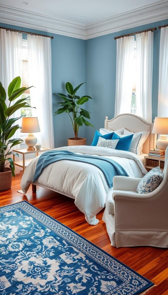 A serene blue and white bedroom with elegant decor essentials. A large, plush white comforter adorns the bed, complemented by soft blue throw pillows and a matching duvet. On the bedside tables, white ceramic lamps with blue accents emit a warm, calming glow. A vintage-inspired blue and white area rug covers the hardwood floor, while sheer white curtains frame the windows, allowing natural light to filter in. In the corner, a cozy reading nook features a plush white armchair and a wooden side table displaying a stack of books. Lush indoor plants add a touch of nature to the space, creating a tranquil, relaxing atmosphere. A serene blue and white bedroom with elegant decor essentials. A large, plush white comforter adorns the bed, complemented by soft blue throw pillows and a matching duvet. On the bedside tables, white ceramic lamps with blue accents emit a warm, calming glow. A vintage-inspired blue and white area rug covers the hardwood floor, while sheer white curtains frame the windows, allowing natural light to filter in. In the corner, a cozy reading nook features a plush white armchair and a wooden side table displaying a stack of books. Lush indoor plants add a touch of nature to the space, creating a tranquil, relaxing atmosphere.