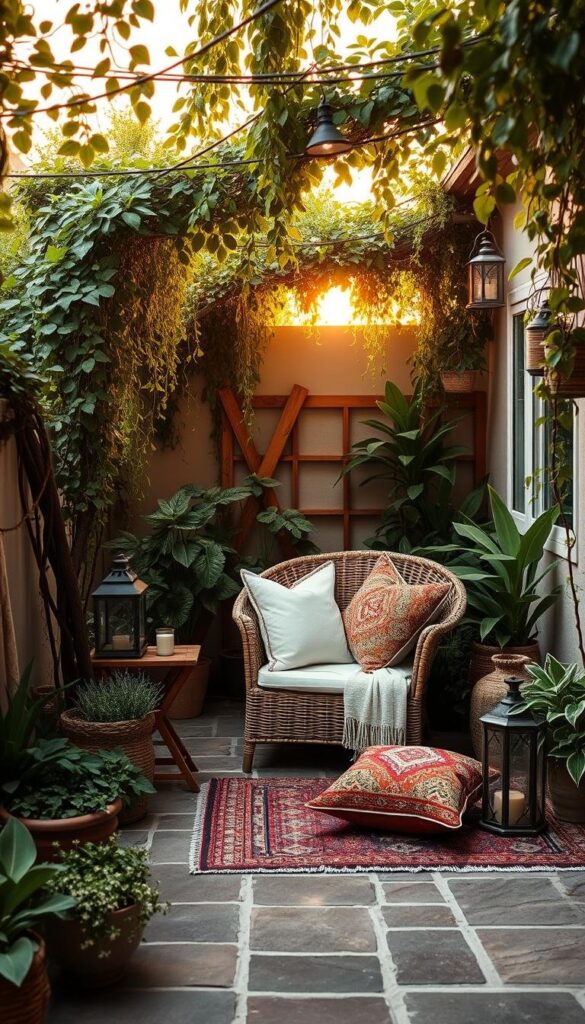 A serene boho-inspired patio nestled amidst lush foliage, with a focal point of a cozy wicker lounge chair and side table. Warm, diffused sunlight filters through cascading vines and potted plants, creating a tranquil, inviting atmosphere. The patio's rustic stone or brick flooring blends seamlessly with weathered wood accents and natural textiles. Strategically placed lanterns and string lights add a soft, ambient glow as the day fades into evening. Complemented by a selection of colorful, eclectic throw pillows and a stylish outdoor rug, this idyllic boho retreat offers the perfect location for relaxation and entertaining. A serene boho-inspired patio nestled amidst lush foliage, with a focal point of a cozy wicker lounge chair and side table. Warm, diffused sunlight filters through cascading vines and potted plants, creating a tranquil, inviting atmosphere. The patio's rustic stone or brick flooring blends seamlessly with weathered wood accents and natural textiles. Strategically placed lanterns and string lights add a soft, ambient glow as the day fades into evening. Complemented by a selection of colorful, eclectic throw pillows and a stylish outdoor rug, this idyllic boho retreat offers the perfect location for relaxation and entertaining.