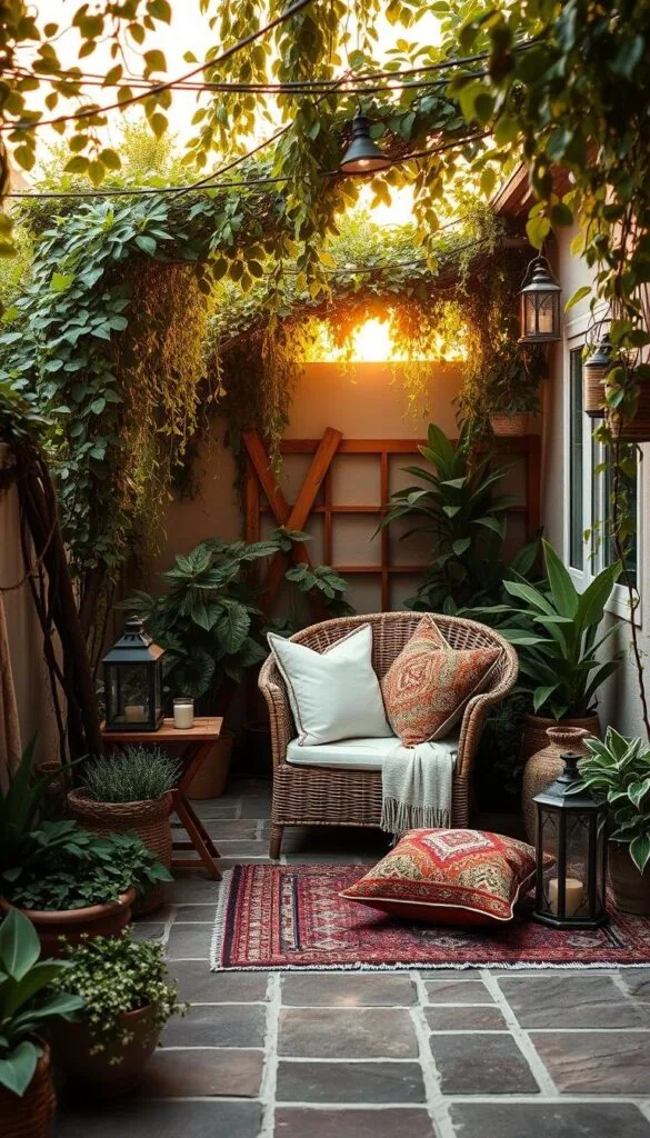 A serene boho-inspired patio nestled amidst lush foliage, with a focal point of a cozy wicker lounge chair and side table. Warm, diffused sunlight filters through cascading vines and potted plants, creating a tranquil, inviting atmosphere. The patio's rustic stone or brick flooring blends seamlessly with weathered wood accents and natural textiles. Strategically placed lanterns and string lights add a soft, ambient glow as the day fades into evening. Complemented by a selection of colorful, eclectic throw pillows and a stylish outdoor rug, this idyllic boho retreat offers the perfect location for relaxation and entertaining.