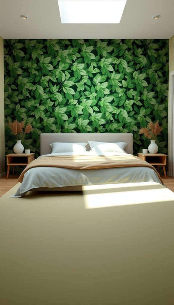 A serene, eco-friendly bedroom with muted, nature-inspired paint colors. High-key lighting illuminates lush, leafy wallpaper in the background, casting a calming, rejuvenating atmosphere. In the foreground, a soothing palette of soft greens, light blues, and earthy neutrals covers the walls, creating a tranquil, spa-like ambiance. Gentle shadows and highlights accentuate the textural details of the sustainable, low-VOC paints. The overall scene evokes a sense of harmony between the bedroom space and the natural world.
