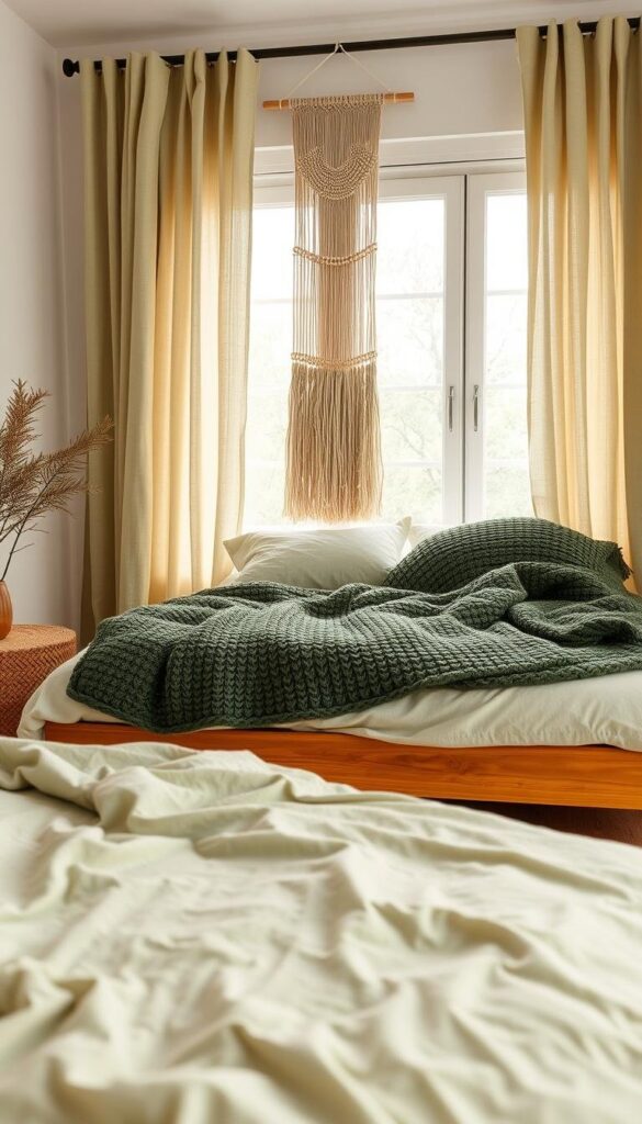 A serene, eco-friendly bedroom with soft, natural textiles. In the foreground, lush, organic cotton sheets in a soothing sage green hue. Complementing the sheets, a hand-woven jute area rug anchors the space. Flowing, billowy linen curtains in a pale olive tone frame the windows, casting a warm, ambient light. In the middle ground, a large, plush knit throw blanket in a deep forest green texture nestles on a natural wood bed frame. Hanging above, a macrame wall hanging with earthy tones adds a touch of boho-chic style. The overall atmosphere is one of tranquility and environmental consciousness.