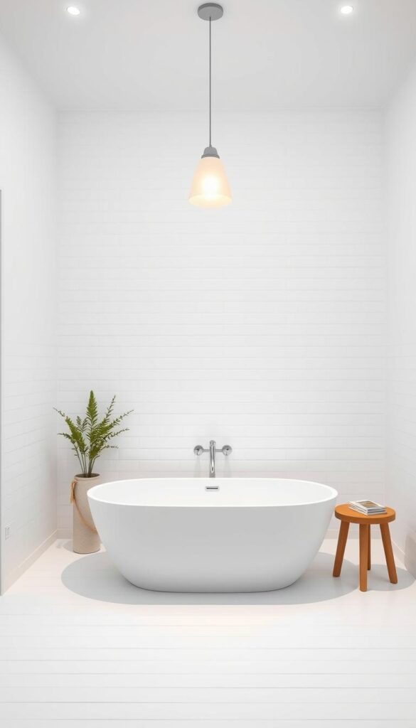 A serene, minimalist bathroom with clean lines and a calming ambiance. Crisp white tiles cover the floor and walls, creating a bright, airy space. A freestanding bathtub takes center stage, its sleek design echoing the overall aesthetic. Overhead, a simple pendant light casts a warm, diffused glow, enhancing the sense of tranquility. Understated natural elements, such as a potted plant and a wooden stool, add subtle touches of organic warmth. The room is devoid of clutter, with only essential fixtures and furnishings, allowing the minimalist design to shine. The lighting is soft and even, emphasizing the clean, uncluttered feel. The overall impression is one of simplicity, elegance, and a soothing, spa-like ambiance.