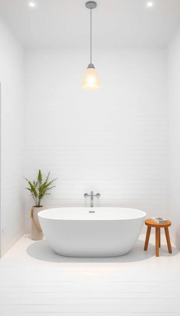 A serene, minimalist bathroom with clean lines and a calming ambiance. Crisp white tiles cover the floor and walls, creating a bright, airy space. A freestanding bathtub takes center stage, its sleek design echoing the overall aesthetic. Overhead, a simple pendant light casts a warm, diffused glow, enhancing the sense of tranquility. Understated natural elements, such as a potted plant and a wooden stool, add subtle touches of organic warmth. The room is devoid of clutter, with only essential fixtures and furnishings, allowing the minimalist design to shine. The lighting is soft and even, emphasizing the clean, uncluttered feel. The overall impression is one of simplicity, elegance, and a soothing, spa-like ambiance.