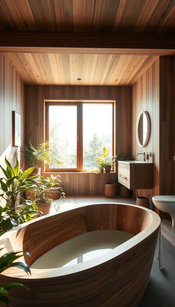 A serene, minimalist bathroom with natural materials and clean lines. The foreground features a deep, freestanding bathtub made of smooth, sustainable wood, surrounded by potted plants and a lush, leafy display. In the middle ground, a large window lets in abundant natural light, casting a warm, inviting glow over the space. The background showcases a wall-mounted vanity with a simple, angular design, complemented by a sleek, low-profile toilet. The overall atmosphere is one of calm, relaxation, and environmental consciousness, with thoughtful, eco-friendly choices throughout.