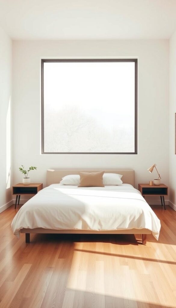 A serene minimalist bedroom with clean lines and natural textures. A large window fills the space with soft, diffused natural light, casting a warm glow. In the foreground, a simple, low-profile bed with crisp white linens and a single neutral-toned decorative pillow. Flanking the bed, two minimalist nightstands with a single potted plant and a small table lamp on each. The middle ground reveals a bare wooden floor, and the background features a plain white wall with a single piece of abstract wall art. An overall sense of tranquility, balance, and understated elegance pervades the scene.