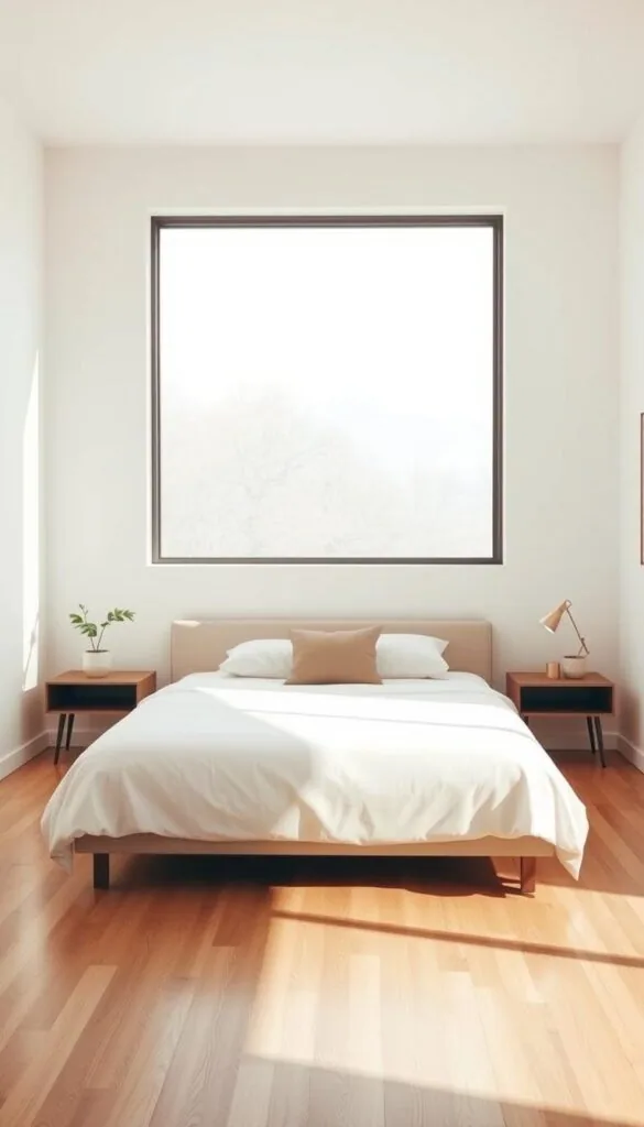 A serene minimalist bedroom with clean lines and natural textures. A large window fills the space with soft, diffused natural light, casting a warm glow. In the foreground, a simple, low-profile bed with crisp white linens and a single neutral-toned decorative pillow. Flanking the bed, two minimalist nightstands with a single potted plant and a small table lamp on each. The middle ground reveals a bare wooden floor, and the background features a plain white wall with a single piece of abstract wall art. An overall sense of tranquility, balance, and understated elegance pervades the scene.