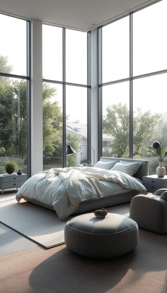 A serene, minimalist grey and white bedroom with floor-to-ceiling windows overlooking a lush, verdant landscape. Soft, diffused natural light filters in, casting a warm, ethereal glow. The focal point is a plush, oversized bed draped in crisp, white linens and complemented by a pair of elegant, grey nightstands. Sleek, grey-toned furniture and accents create a harmonious, cohesive space, while strategically placed plants and soft textures add depth and visual interest. The overall atmosphere is one of tranquility, sophistication, and understated elegance.