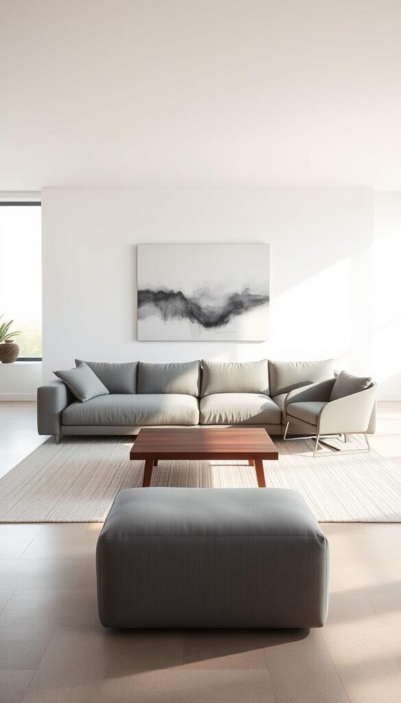 A serene, monochromatic living room with a minimalist design. The room is bathed in soft, diffused natural light filtering through large windows, casting a warm, subtle glow on the clean-lined furniture. In the foreground, a plush, oversized gray sofa sits atop a textured, off-white area rug. Flanking the sofa are a pair of sleek, angular armchairs in a complementary shade of gray. In the middle ground, a low, wooden coffee table with a matte finish anchors the space. The background features bare, white walls with a single, large abstract artwork in shades of gray, creating a sense of balance and harmony. The overall atmosphere is one of tranquility and sophistication.