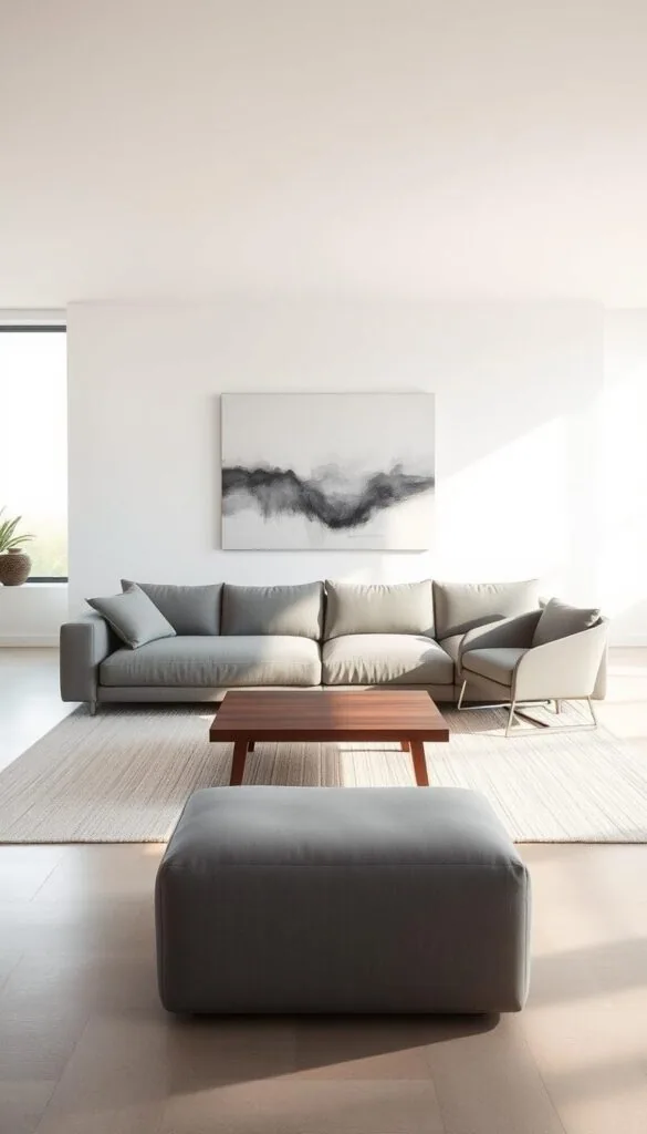 A serene, monochromatic living room with a minimalist design. The room is bathed in soft, diffused natural light filtering through large windows, casting a warm, subtle glow on the clean-lined furniture. In the foreground, a plush, oversized gray sofa sits atop a textured, off-white area rug. Flanking the sofa are a pair of sleek, angular armchairs in a complementary shade of gray. In the middle ground, a low, wooden coffee table with a matte finish anchors the space. The background features bare, white walls with a single, large abstract artwork in shades of gray, creating a sense of balance and harmony. The overall atmosphere is one of tranquility and sophistication.
