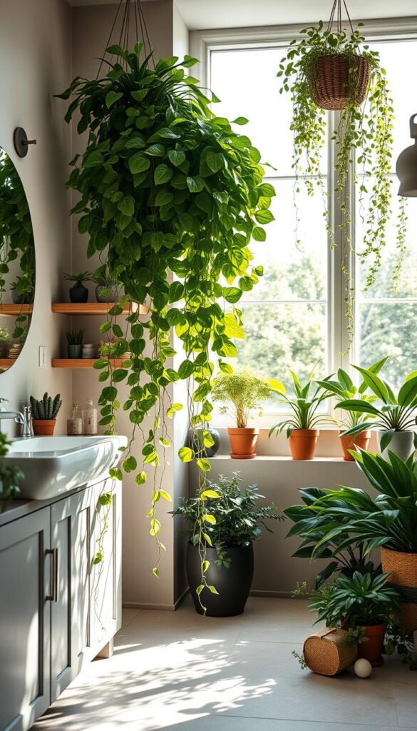 A serene, naturally-lit bathroom filled with lush, verdant plants cascading from corner shelves and hanging baskets. Bright sunlight filters through large windows, illuminating the various shades of green foliage and casting soft shadows on the tiled floors. In the foreground, a central potted plant with broad, glossy leaves stands proudly, its tendrils trailing gracefully down the vanity. The middle ground features a mix of small, delicate succulents and larger, bushy houseplants strategically placed around the room, creating a harmonious, biophilic atmosphere. The background showcases a minimalist, spa-like design with neutral tones, allowing the vibrant greenery to take center stage. The overall mood is one of tranquility, rejuvenation, and a seamless integration of nature into the modern bathroom space.