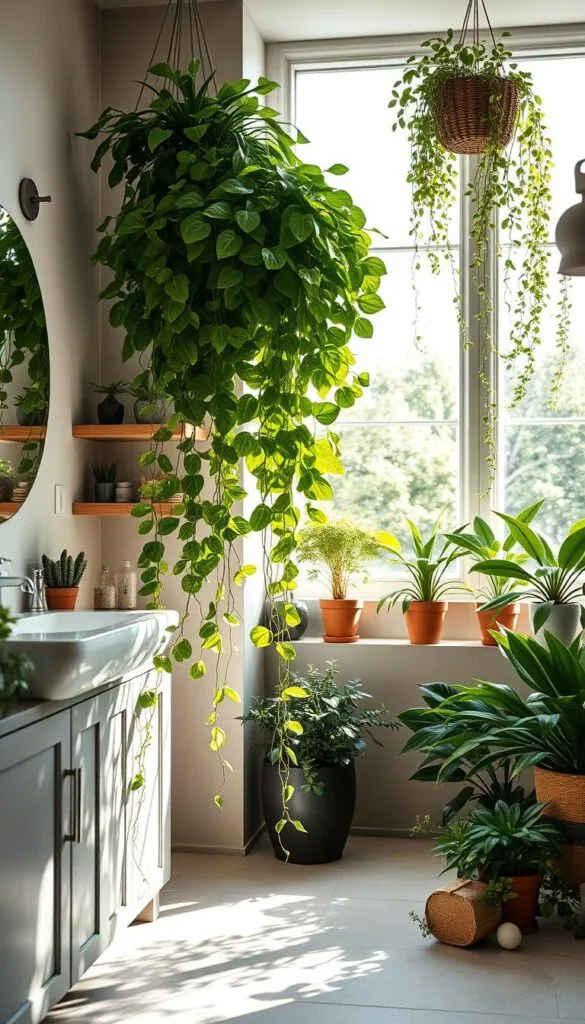 A serene, naturally-lit bathroom filled with lush, verdant plants cascading from corner shelves and hanging baskets. Bright sunlight filters through large windows, illuminating the various shades of green foliage and casting soft shadows on the tiled floors. In the foreground, a central potted plant with broad, glossy leaves stands proudly, its tendrils trailing gracefully down the vanity. The middle ground features a mix of small, delicate succulents and larger, bushy houseplants strategically placed around the room, creating a harmonious, biophilic atmosphere. The background showcases a minimalist, spa-like design with neutral tones, allowing the vibrant greenery to take center stage. The overall mood is one of tranquility, rejuvenation, and a seamless integration of nature into the modern bathroom space.