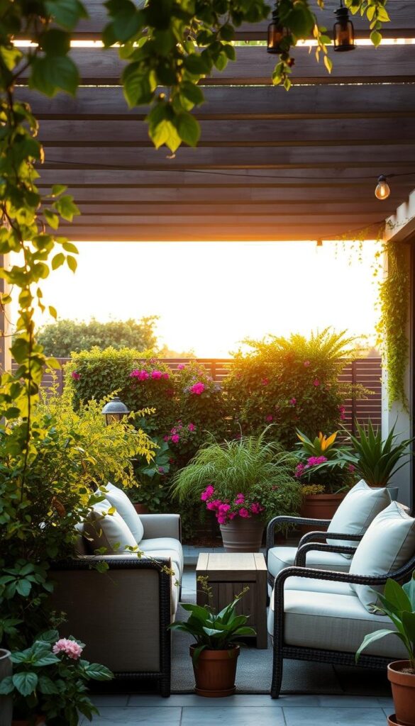 A serene outdoor living space, with a cozy seating area surrounded by lush greenery and vibrant floral accents. In the foreground, a plush outdoor sofa and armchairs in muted tones create a welcoming atmosphere. Trailing vines and potted plants line the middle ground, adding pops of color and texture. The background features a wooden pergola or trellis, casting soft, dappled light across the scene. Subtle lighting fixtures, such as lanterns or string lights, create a warm, inviting ambiance as the sun sets. The overall composition evokes a sense of relaxation and a harmonious blend of nature and modern design. A serene outdoor living space, with a cozy seating area surrounded by lush greenery and vibrant floral accents. In the foreground, a plush outdoor sofa and armchairs in muted tones create a welcoming atmosphere. Trailing vines and potted plants line the middle ground, adding pops of color and texture. The background features a wooden pergola or trellis, casting soft, dappled light across the scene. Subtle lighting fixtures, such as lanterns or string lights, create a warm, inviting ambiance as the sun sets. The overall composition evokes a sense of relaxation and a harmonious blend of nature and modern design.