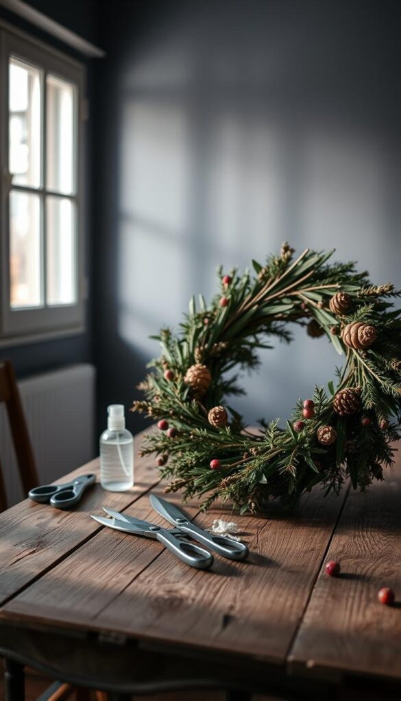 A serene, softly lit indoor scene of a homemade winter wreath resting on a rustic wooden table. The wreath, crafted from pine boughs, pinecones, and dried berries, sits in the foreground, its warm tones and natural textures contrasting with the muted gray backdrop. Soft, diffuse lighting from a window casts gentle shadows, creating a cozy, inviting atmosphere. In the middle ground, a pair of pruning shears and a small spray bottle suggest the tools needed for wreath care and maintenance. The background is a blurred, minimalist setting, allowing the wreath to take center stage. An overall sense of simplicity and mindfulness pervades the image, guiding the viewer towards the art of properly caring for a cherished homemade winter decoration. A serene, softly lit indoor scene of a homemade winter wreath resting on a rustic wooden table. The wreath, crafted from pine boughs, pinecones, and dried berries, sits in the foreground, its warm tones and natural textures contrasting with the muted gray backdrop. Soft, diffuse lighting from a window casts gentle shadows, creating a cozy, inviting atmosphere. In the middle ground, a pair of pruning shears and a small spray bottle suggest the tools needed for wreath care and maintenance. The background is a blurred, minimalist setting, allowing the wreath to take center stage. An overall sense of simplicity and mindfulness pervades the image, guiding the viewer towards the art of properly caring for a cherished homemade winter decoration.