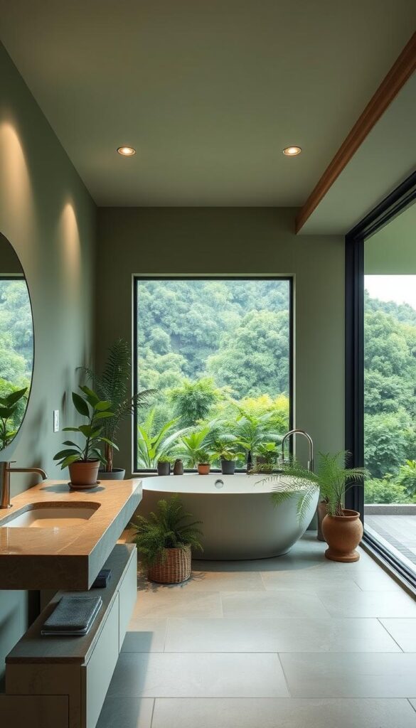 A serene, spa-like green bathroom with muted tones and natural elements. The foreground showcases a modern vanity with a stone countertop, a round mirror, and a potted plant. The middle ground features a freestanding bathtub surrounded by lush greenery, such as ferns and potted plants. Soft, diffused lighting from recessed ceiling fixtures creates a calming atmosphere. The background depicts a large window overlooking a verdant, serene landscape, blurring the line between indoors and outdoors. The overall design embodies a harmonious balance of nature, tranquility, and contemporary elegance.
