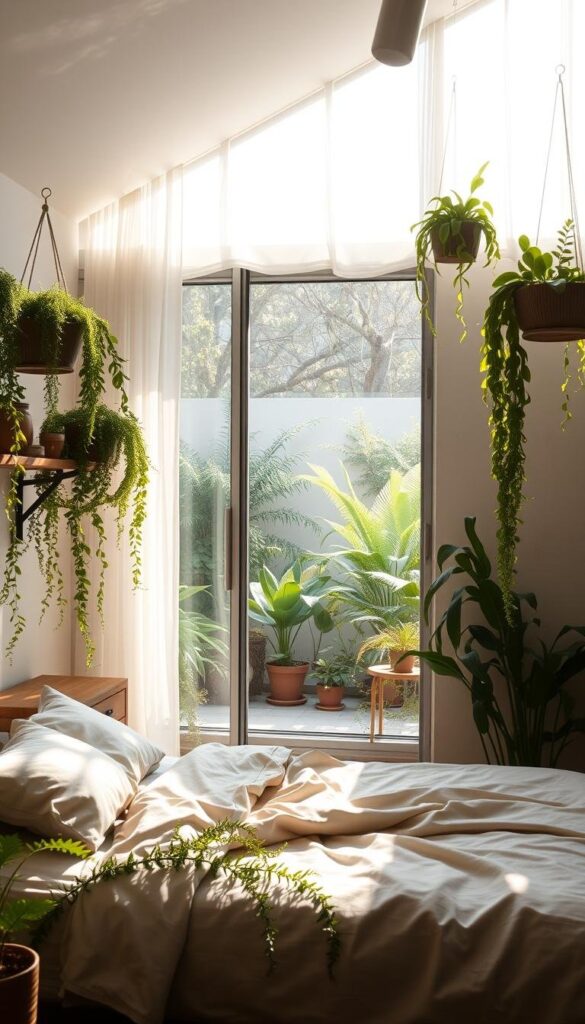 A serene, sun-dappled bedroom with lush, verdant plants cascading from hanging baskets and shelves. Soft, diffused light filters through sheer curtains, casting a natural glow. In the foreground, a comfortable and cozy bed with natural bedding is flanked by minimalist wooden nightstands. Potted ferns, succulents, and trailing vines adorn the space, creating a soothing, biophilic atmosphere. The middle ground features a large, floor-to-ceiling window overlooking a tranquil garden, blurring the boundaries between indoors and out. In the background, a neutral-toned accent wall complements the earthy, organic palette. The overall scene conveys a sense of harmony, balance, and rejuvenation.