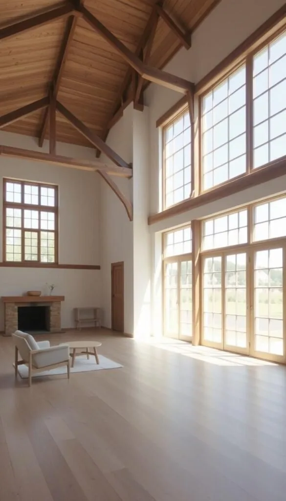 A serene, sun-dappled interior of a converted barn, the natural light filtering in through large, weathered window frames. The space is airy and minimal, with clean lines and a neutral color palette that accentuates the rustic charm of the original structure. Soft, diffused illumination from the windows creates a warm, inviting atmosphere, casting gentle shadows across the polished wood floors and simple, Scandinavian-inspired furnishings. The tall ceilings and open layout maximize the sense of space, while the exposed beams and structural elements nod to the barn's agricultural heritage. This is a harmonious blend of old and new, where the past is honored through sensitive, modern design. A serene, sun-dappled interior of a converted barn, the natural light filtering in through large, weathered window frames. The space is airy and minimal, with clean lines and a neutral color palette that accentuates the rustic charm of the original structure. Soft, diffused illumination from the windows creates a warm, inviting atmosphere, casting gentle shadows across the polished wood floors and simple, Scandinavian-inspired furnishings. The tall ceilings and open layout maximize the sense of space, while the exposed beams and structural elements nod to the barn's agricultural heritage. This is a harmonious blend of old and new, where the past is honored through sensitive, modern design.