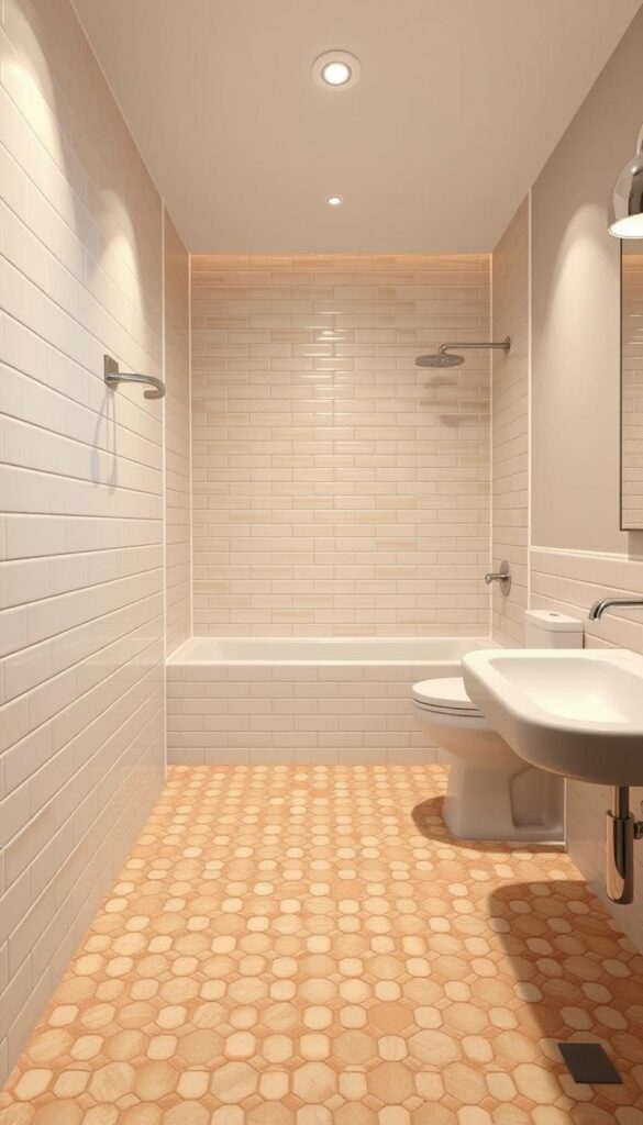 A serene, timeless bathroom featuring a stunning array of classic tile designs. In the foreground, gleaming subway tiles in a soothing neutral palette line the walls, their clean lines and uniform pattern exuding a sense of elegant simplicity. In the middle ground, a hexagonal mosaic floor in a complementary hue adds depth and visual interest, its intricate geometric pattern evoking a bygone era. The lighting casts a warm, ambient glow, accentuating the natural tones and textures of the tiles. The overall atmosphere is one of timeless sophistication, a space that will endure through the ages. A serene, timeless bathroom featuring a stunning array of classic tile designs. In the foreground, gleaming subway tiles in a soothing neutral palette line the walls, their clean lines and uniform pattern exuding a sense of elegant simplicity. In the middle ground, a hexagonal mosaic floor in a complementary hue adds depth and visual interest, its intricate geometric pattern evoking a bygone era. The lighting casts a warm, ambient glow, accentuating the natural tones and textures of the tiles. The overall atmosphere is one of timeless sophistication, a space that will endure through the ages.