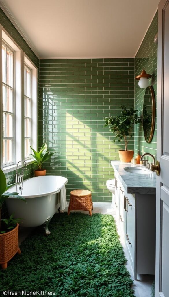 A serene, well-lit bathroom with lush green tile walls, a clawfoot tub, and a marble vanity. Soft, natural lighting filters in through large windows, casting a warm glow on the space. The floor is covered in a plush, forest-green rug, adding depth and texture. Potted plants and natural wood accents create a spa-like, harmonious ambiance. Sleek, minimalist fixtures in brushed nickel complement the verdant color scheme. The overall vibe is calming, elegant, and inviting, perfectly suited for a relaxing self-care retreat.