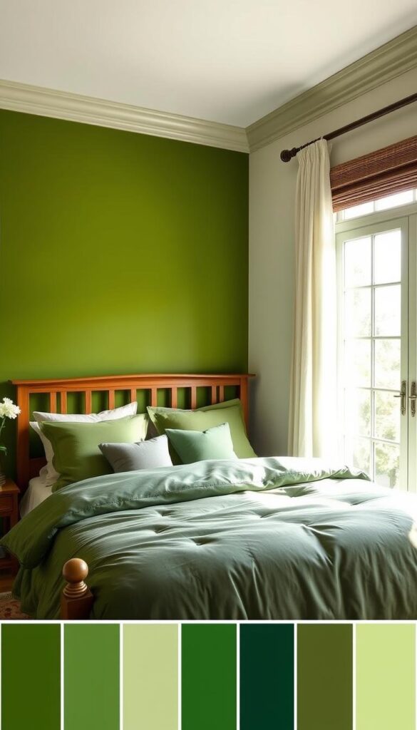 A serene, well-lit bedroom with a variety of green hues showcased on the walls, bedding, and accents. The focal point is a lush, verdant accent wall in the middle ground, contrasted by lighter sage tones on the surrounding walls. In the foreground, a wood-framed bed is adorned with a plush, forest-green comforter, while complementary pillows in varying shades of green add depth and texture. Soft, diffused lighting from a large window bathes the scene in a warm, natural glow, creating a sense of tranquility and harmony. The overall atmosphere evokes a calming, restorative oasis, inviting the viewer to imagine the perfect green palette for their own serene bedroom retreat.