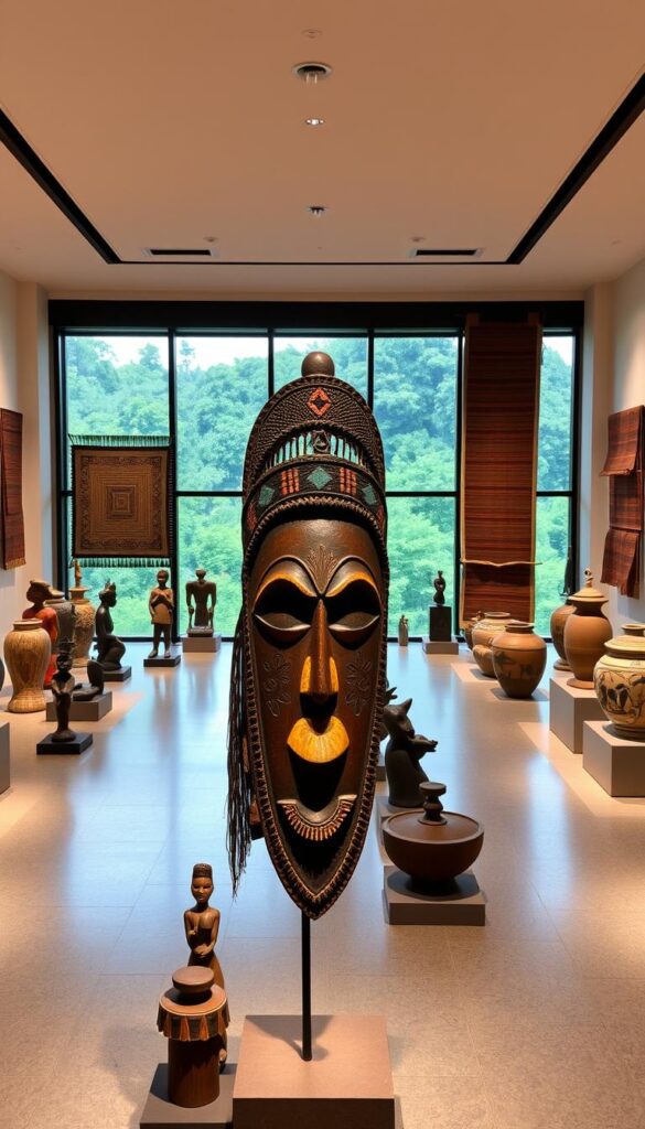 A serene, well-lit museum gallery showcasing an elegant curation of authentic African art. In the foreground, a stunning handcrafted wooden mask with intricate tribal patterns and bold colors takes center stage, illuminated by soft, warm lighting. Surrounding it are various sculptures and figurines in earthy tones, each with its own distinct cultural symbolism. In the middle ground, richly textured woven tapestries and hand-painted ceramic vessels line the walls, creating a harmonious display of artisanal craftsmanship. The background features large windows overlooking a lush, verdant landscape, adding a sense of natural tranquility to the space. The overall atmosphere conveys a deep respect and appreciation for the cultural heritage and artistic traditions of Africa. A serene, well-lit museum gallery showcasing an elegant curation of authentic African art. In the foreground, a stunning handcrafted wooden mask with intricate tribal patterns and bold colors takes center stage, illuminated by soft, warm lighting. Surrounding it are various sculptures and figurines in earthy tones, each with its own distinct cultural symbolism. In the middle ground, richly textured woven tapestries and hand-painted ceramic vessels line the walls, creating a harmonious display of artisanal craftsmanship. The background features large windows overlooking a lush, verdant landscape, adding a sense of natural tranquility to the space. The overall atmosphere conveys a deep respect and appreciation for the cultural heritage and artistic traditions of Africa.