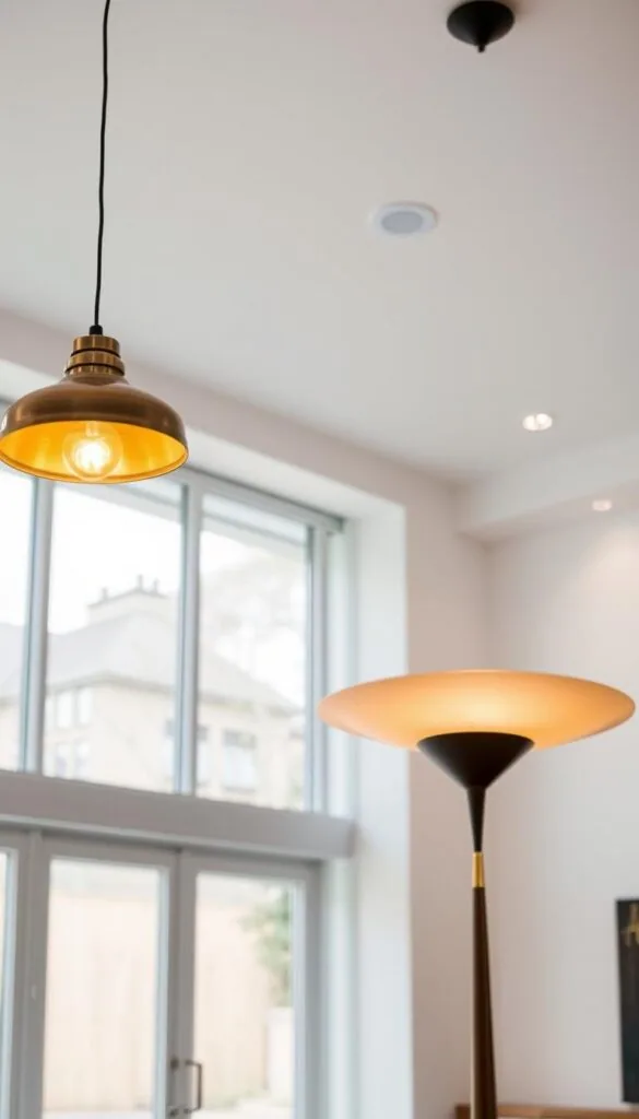 A sleek and elegant Danish modern living room, flooded with natural light and accented by statement lighting fixtures. In the foreground, a pair of minimalist pendant lights with brass or copper shades cast a warm, ambient glow. In the middle ground, a sculptural floor lamp with a slender, tapered stem and a broad, adjustable shade provides task lighting. In the background, recessed ceiling lights illuminate the space, creating a cohesive, harmonious atmosphere. The lighting fixtures feature clean lines, geometric shapes, and high-quality materials, elevating the mid-century modern aesthetic. The overall mood is one of sophistication, functionality, and timeless design. A sleek and elegant Danish modern living room, flooded with natural light and accented by statement lighting fixtures. In the foreground, a pair of minimalist pendant lights with brass or copper shades cast a warm, ambient glow. In the middle ground, a sculptural floor lamp with a slender, tapered stem and a broad, adjustable shade provides task lighting. In the background, recessed ceiling lights illuminate the space, creating a cohesive, harmonious atmosphere. The lighting fixtures feature clean lines, geometric shapes, and high-quality materials, elevating the mid-century modern aesthetic. The overall mood is one of sophistication, functionality, and timeless design.