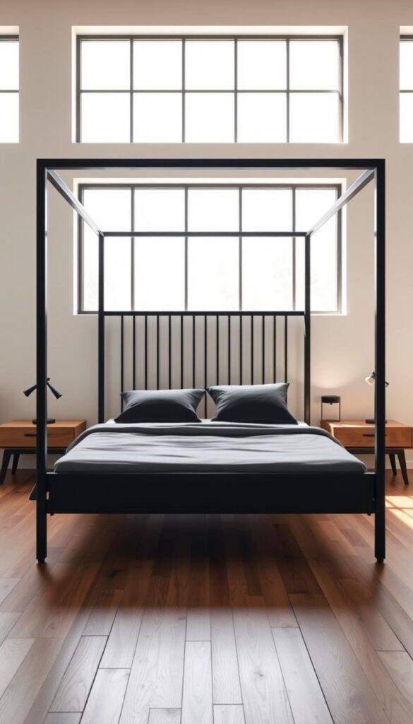 A sleek and modern black metal bed frame with warm wood accents stands in a well-lit, minimalist bedroom. The frame features clean lines and a low profile, complemented by a slatted headboard and tapered legs. Soft natural light filters through large windows, casting a serene, ambient glow. The wood nightstands and flooring add organic texture, balancing the industrial metal elements. The overall scene exudes a sophisticated, understated elegance that would elevate any bedroom decor.