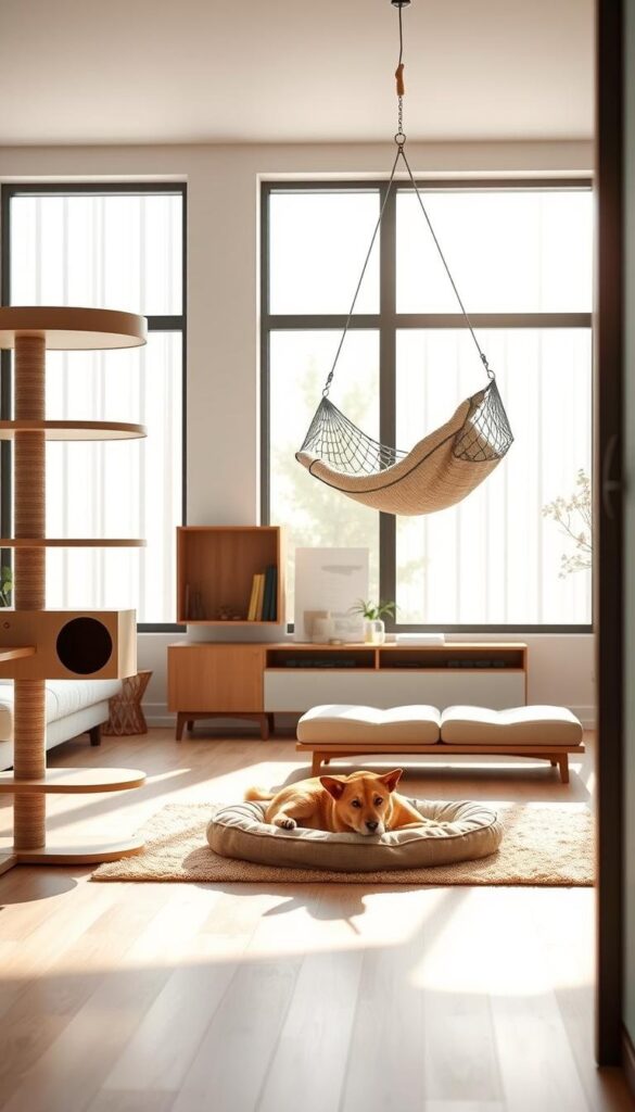 A sleek and modern pet furniture arrangement in a minimalist living room. In the foreground, a stylish cat tower with curved platforms and a cozy nook. In the middle ground, a low-profile dog bed in a neutral tone, nestled on a plush rug. Hanging overhead, a chic cat hammock suspended from the ceiling. The background features bright, natural lighting streaming through large windows, casting a warm glow on the modern, Scandinavian-inspired decor. The overall scene conveys a sense of comfort, elegance, and design-forward pet-friendly living.