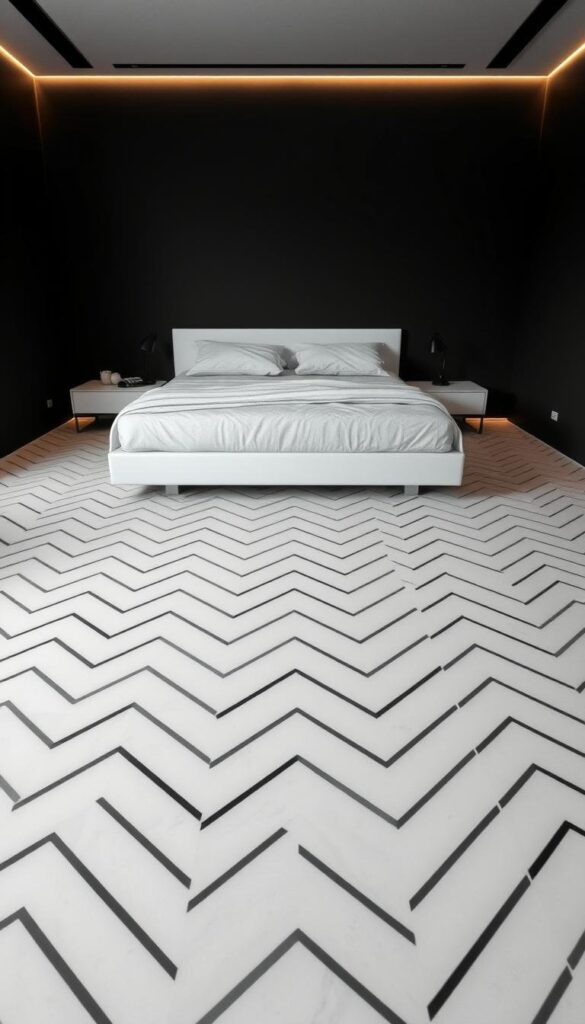 A sleek, minimalist bedroom with a striking monochrome flooring. The floor is a chic black and white herringbone pattern, the tiles arranged in a crisp, geometric design that creates a sense of elegant simplicity. Soft, indirect lighting casts a warm, muted glow, highlighting the smooth, matte finish of the tiles. The room is bathed in an aura of tranquility, the monochrome palette lending an air of timeless sophistication. The flooring is the centerpiece, anchoring the space and setting the tone for the rest of the decor. This is a space where minimalism and luxury converge, a harmonious blend of form and function.