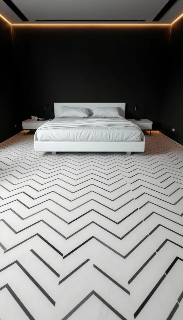 A sleek, minimalist bedroom with a striking monochrome flooring. The floor is a chic black and white herringbone pattern, the tiles arranged in a crisp, geometric design that creates a sense of elegant simplicity. Soft, indirect lighting casts a warm, muted glow, highlighting the smooth, matte finish of the tiles. The room is bathed in an aura of tranquility, the monochrome palette lending an air of timeless sophistication. The flooring is the centerpiece, anchoring the space and setting the tone for the rest of the decor. This is a space where minimalism and luxury converge, a harmonious blend of form and function.