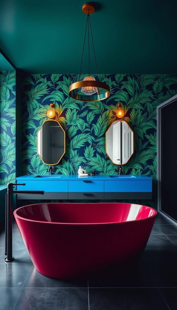 A sleek, modern bathroom with bold, vibrant colors. The foreground features a large, freestanding bathtub in a deep, rich burgundy hue, surrounded by minimalist black fixtures and tiles. The middle ground showcases a vanity with a bold, electric blue countertop and a pair of geometric, brass-framed mirrors. The background is adorned with a dramatic, tropical-inspired wallpaper in shades of emerald green and sapphire blue, creating a lush, spa-like atmosphere. Overhead, a statement pendant light casts a warm, ambient glow, highlighting the dynamic color palette and clean, contemporary design. The scene is captured with a wide-angle lens, emphasizing the overall sense of space and opulence. A sleek, modern bathroom with bold, vibrant colors. The foreground features a large, freestanding bathtub in a deep, rich burgundy hue, surrounded by minimalist black fixtures and tiles. The middle ground showcases a vanity with a bold, electric blue countertop and a pair of geometric, brass-framed mirrors. The background is adorned with a dramatic, tropical-inspired wallpaper in shades of emerald green and sapphire blue, creating a lush, spa-like atmosphere. Overhead, a statement pendant light casts a warm, ambient glow, highlighting the dynamic color palette and clean, contemporary design. The scene is captured with a wide-angle lens, emphasizing the overall sense of space and opulence.