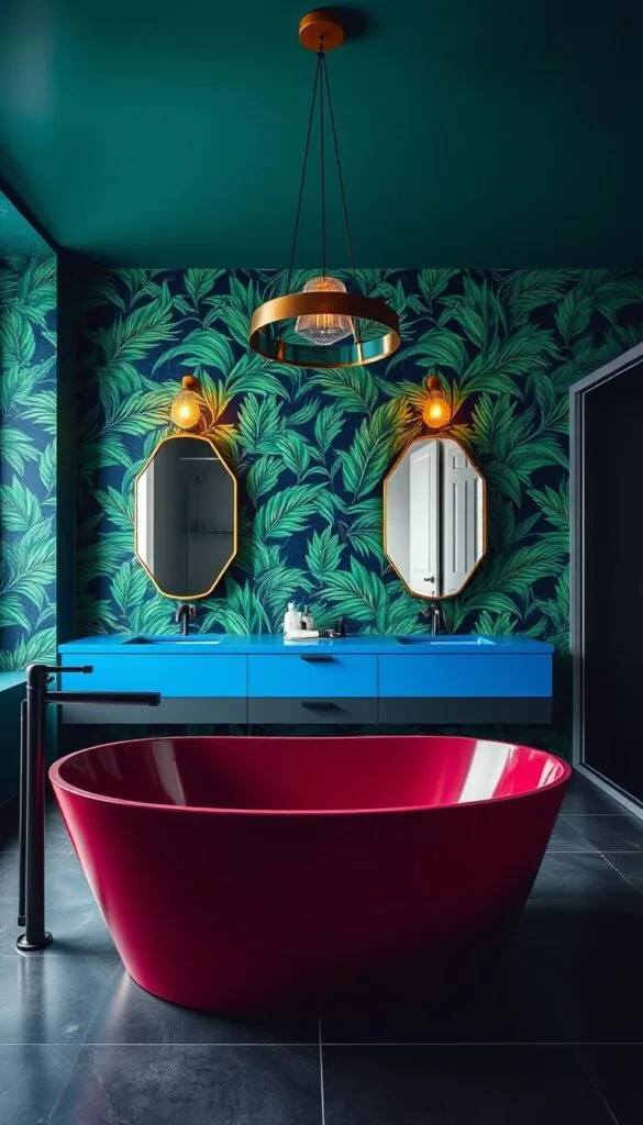 A sleek, modern bathroom with bold, vibrant colors. The foreground features a large, freestanding bathtub in a deep, rich burgundy hue, surrounded by minimalist black fixtures and tiles. The middle ground showcases a vanity with a bold, electric blue countertop and a pair of geometric, brass-framed mirrors. The background is adorned with a dramatic, tropical-inspired wallpaper in shades of emerald green and sapphire blue, creating a lush, spa-like atmosphere. Overhead, a statement pendant light casts a warm, ambient glow, highlighting the dynamic color palette and clean, contemporary design. The scene is captured with a wide-angle lens, emphasizing the overall sense of space and opulence.