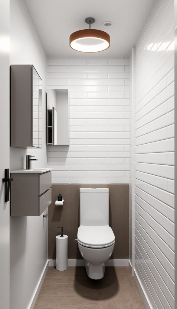 A sleek, modern bathroom with minimalist, space-saving fixtures. In the foreground, a wall-mounted vanity with a small sink and compact storage drawers. Above it, a recessed medicine cabinet with mirrored doors. In the middle ground, a minimalist, wall-mounted toilet with a slim profile. Overhead, a circular LED light fixture casts a warm, ambient glow. In the background, white subway tiles line the walls, creating a clean, streamlined aesthetic. The overall mood is one of efficiency and understated elegance, perfect for a small bathroom.
