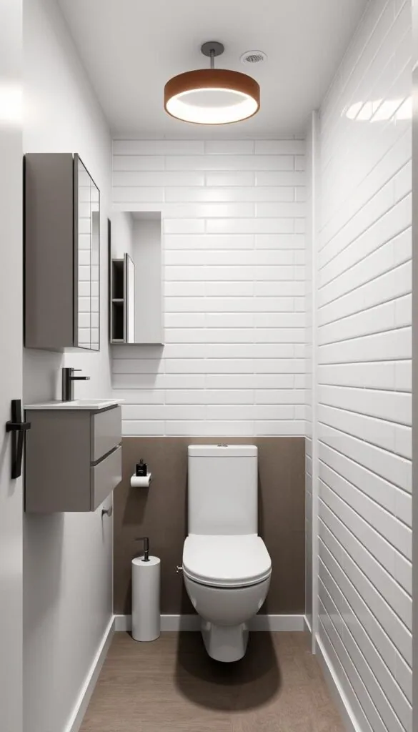 A sleek, modern bathroom with minimalist, space-saving fixtures. In the foreground, a wall-mounted vanity with a small sink and compact storage drawers. Above it, a recessed medicine cabinet with mirrored doors. In the middle ground, a minimalist, wall-mounted toilet with a slim profile. Overhead, a circular LED light fixture casts a warm, ambient glow. In the background, white subway tiles line the walls, creating a clean, streamlined aesthetic. The overall mood is one of efficiency and understated elegance, perfect for a small bathroom. A sleek, modern bathroom with minimalist, space-saving fixtures. In the foreground, a wall-mounted vanity with a small sink and compact storage drawers. Above it, a recessed medicine cabinet with mirrored doors. In the middle ground, a minimalist, wall-mounted toilet with a slim profile. Overhead, a circular LED light fixture casts a warm, ambient glow. In the background, white subway tiles line the walls, creating a clean, streamlined aesthetic. The overall mood is one of efficiency and understated elegance, perfect for a small bathroom.