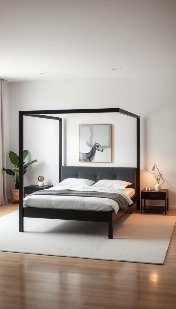 A sleek, modern black bed frame takes center stage in a well-lit, minimalist bedroom. Soft diffused lighting casts a warm glow, highlighting the clean lines and angular silhouette of the frame. The frame stands tall, its matte black finish contrasting beautifully against the crisp white bedding and walls. Carefully curated decor elements, such as a large abstract artwork and a potted plant, add depth and visual interest to the space. The overall atmosphere is one of sophistication and tranquility, inviting the viewer to imagine themselves in this serene, stylish retreat.