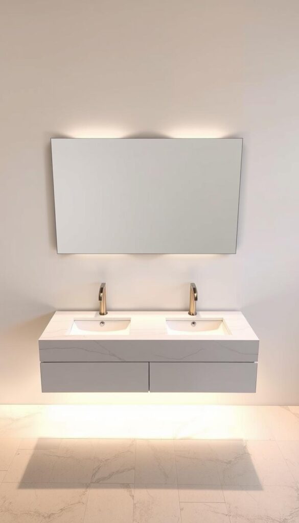 A sleek, modern double sink vanity with a luxurious marble countertop, illuminated by warm, indirect lighting. The vanity is positioned against a minimalist, tiled wall, creating a crisp, clean aesthetic. The sinks are undermounted, seamlessly integrated into the countertop, and the faucets are contemporary, brushed-metal fixtures. The vanity features clean, horizontal lines and a floating design, giving it a lightweight, suspended appearance. The mirror above the vanity is large and frameless, complementing the overall minimalist style. The scene is captured from a slightly elevated angle, showcasing the vanity's elegant proportions and the balanced, harmonious composition of the space. A sleek, modern double sink vanity with a luxurious marble countertop, illuminated by warm, indirect lighting. The vanity is positioned against a minimalist, tiled wall, creating a crisp, clean aesthetic. The sinks are undermounted, seamlessly integrated into the countertop, and the faucets are contemporary, brushed-metal fixtures. The vanity features clean, horizontal lines and a floating design, giving it a lightweight, suspended appearance. The mirror above the vanity is large and frameless, complementing the overall minimalist style. The scene is captured from a slightly elevated angle, showcasing the vanity's elegant proportions and the balanced, harmonious composition of the space.