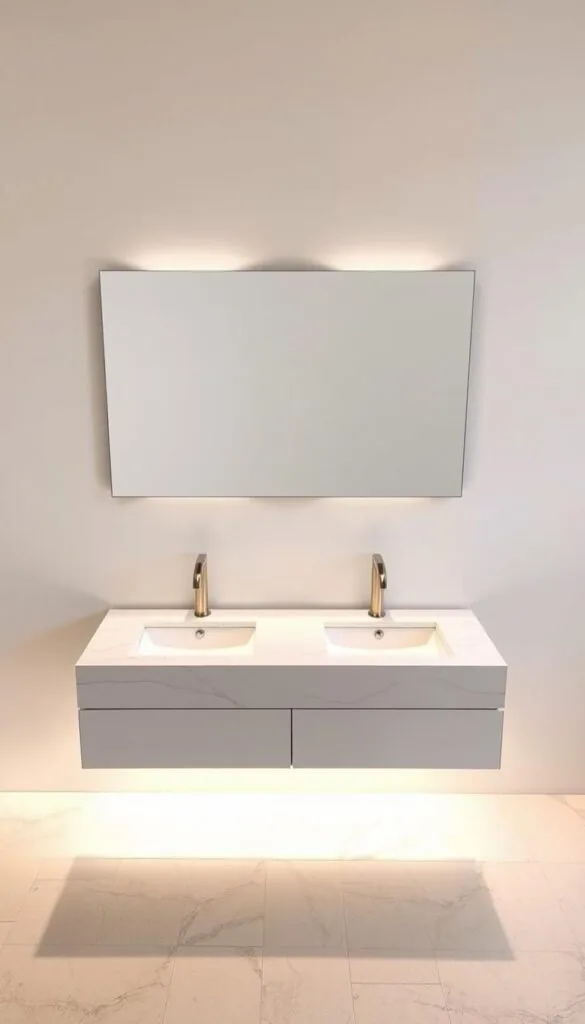A sleek, modern double sink vanity with a luxurious marble countertop, illuminated by warm, indirect lighting. The vanity is positioned against a minimalist, tiled wall, creating a crisp, clean aesthetic. The sinks are undermounted, seamlessly integrated into the countertop, and the faucets are contemporary, brushed-metal fixtures. The vanity features clean, horizontal lines and a floating design, giving it a lightweight, suspended appearance. The mirror above the vanity is large and frameless, complementing the overall minimalist style. The scene is captured from a slightly elevated angle, showcasing the vanity's elegant proportions and the balanced, harmonious composition of the space.