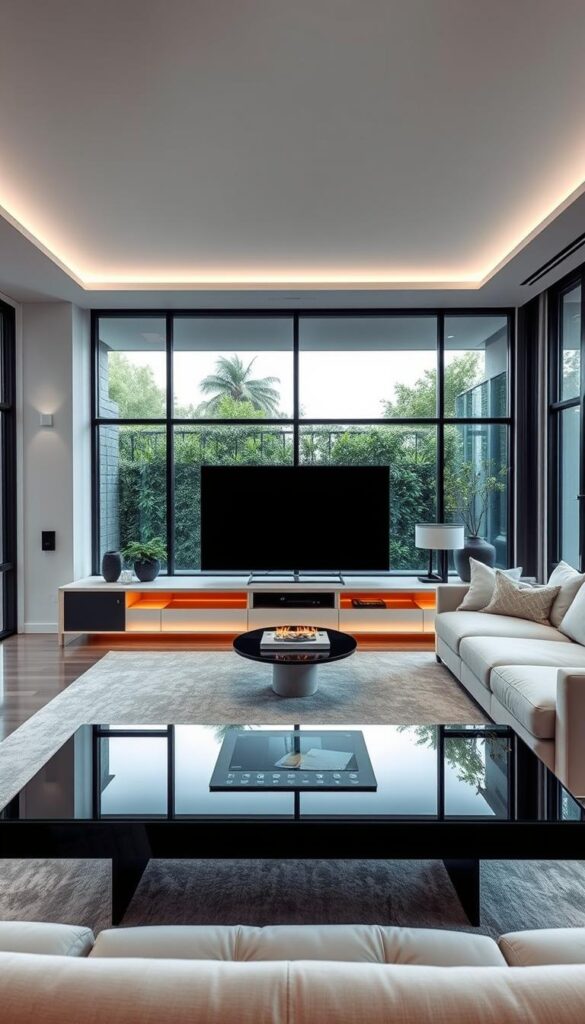 A sleek, modern living room showcases seamless integration of smart home technology. In the foreground, a minimalist entertainment center features a large, state-of-the-art OLED TV surrounded by hidden speakers and voice-controlled smart lighting. A glass-topped coffee table houses a discreet touchscreen control panel, managing everything from climate to security. The middle ground boasts a plush, sectional sofa and an elegant, floating fireplace, both enhanced by ambient mood lighting. The background reveals floor-to-ceiling windows, offering a picturesque view of a lush, landscaped garden. The room exudes a harmonious blend of high-tech sophistication and tranquil, natural elegance.