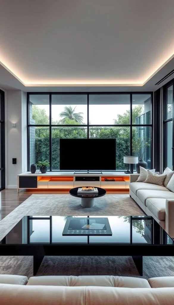 A sleek, modern living room showcases seamless integration of smart home technology. In the foreground, a minimalist entertainment center features a large, state-of-the-art OLED TV surrounded by hidden speakers and voice-controlled smart lighting. A glass-topped coffee table houses a discreet touchscreen control panel, managing everything from climate to security. The middle ground boasts a plush, sectional sofa and an elegant, floating fireplace, both enhanced by ambient mood lighting. The background reveals floor-to-ceiling windows, offering a picturesque view of a lush, landscaped garden. The room exudes a harmonious blend of high-tech sophistication and tranquil, natural elegance.
