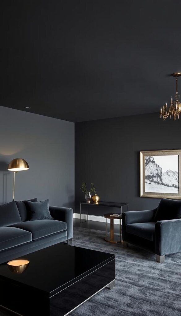 A sleek, modern living room with a sophisticated dark palette. The walls are painted in a rich, charcoal gray, providing a moody and dramatic backdrop. Strategically placed metallic accents, such as a gleaming brass floor lamp, a mirrored side table, and a shimmering silver-framed artwork, catch the light and add a touch of elegance. The plush, charcoal gray velvet sofa and matching armchair create a cozy and inviting seating area, while a shiny, black lacquered coffee table anchors the space. Soft, indirect lighting from recessed ceiling fixtures and a dimmable chandelier cast a warm, atmospheric glow, heightening the sense of luxury and refinement. A sleek, modern living room with a sophisticated dark palette. The walls are painted in a rich, charcoal gray, providing a moody and dramatic backdrop. Strategically placed metallic accents, such as a gleaming brass floor lamp, a mirrored side table, and a shimmering silver-framed artwork, catch the light and add a touch of elegance. The plush, charcoal gray velvet sofa and matching armchair create a cozy and inviting seating area, while a shiny, black lacquered coffee table anchors the space. Soft, indirect lighting from recessed ceiling fixtures and a dimmable chandelier cast a warm, atmospheric glow, heightening the sense of luxury and refinement.