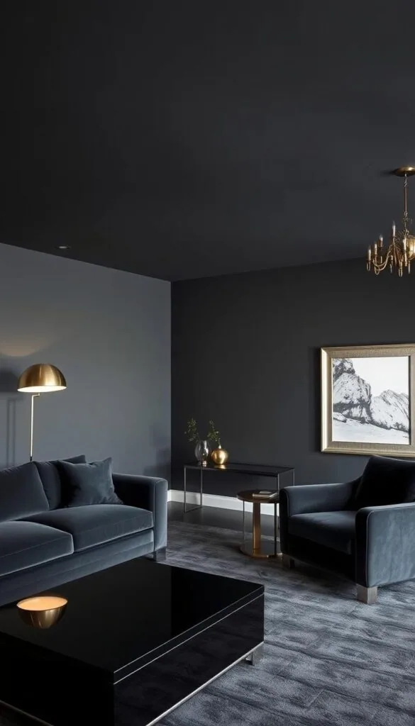A sleek, modern living room with a sophisticated dark palette. The walls are painted in a rich, charcoal gray, providing a moody and dramatic backdrop. Strategically placed metallic accents, such as a gleaming brass floor lamp, a mirrored side table, and a shimmering silver-framed artwork, catch the light and add a touch of elegance. The plush, charcoal gray velvet sofa and matching armchair create a cozy and inviting seating area, while a shiny, black lacquered coffee table anchors the space. Soft, indirect lighting from recessed ceiling fixtures and a dimmable chandelier cast a warm, atmospheric glow, heightening the sense of luxury and refinement.