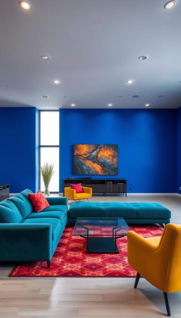 A sleek, modern living room with bold, vibrant color blocking. The foreground features a plush, L-shaped sofa in a deep, saturated teal, contrasted by a bright, mustard-yellow accent chair. The middle ground showcases a low, minimalist coffee table with a glass top, surrounded by a patterned area rug in shades of crimson and ochre. In the background, the walls are painted in a striking, electric blue, creating a dramatic, gallery-like atmosphere. Soft, diffused lighting from recessed ceiling fixtures and a large, floor-to-ceiling window casts a warm, inviting glow throughout the space, highlighting the sharp, geometric lines and rich, saturated hues. A sleek, modern living room with bold, vibrant color blocking. The foreground features a plush, L-shaped sofa in a deep, saturated teal, contrasted by a bright, mustard-yellow accent chair. The middle ground showcases a low, minimalist coffee table with a glass top, surrounded by a patterned area rug in shades of crimson and ochre. In the background, the walls are painted in a striking, electric blue, creating a dramatic, gallery-like atmosphere. Soft, diffused lighting from recessed ceiling fixtures and a large, floor-to-ceiling window casts a warm, inviting glow throughout the space, highlighting the sharp, geometric lines and rich, saturated hues.