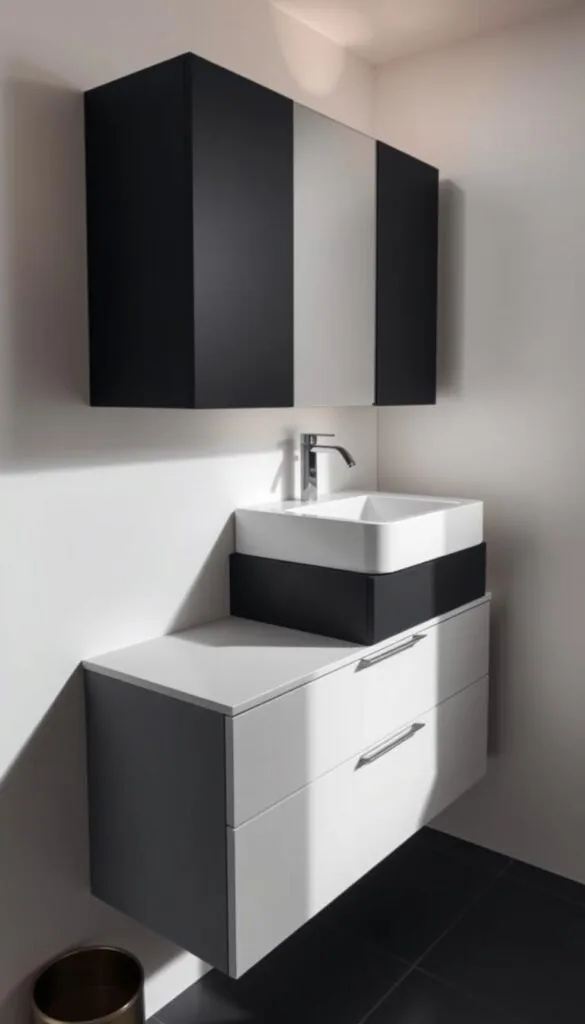 A sleek, space-saving bathroom vanity with a minimalist, modern design. The vanity is mounted on the wall, freeing up floor space in a compact bathroom. It features a streamlined, floating design with a rectangular sink basin integrated into the countertop. The vanity's drawers and cabinets provide ample storage, while the matte black or white finish creates a clean, contemporary aesthetic. Soft, diffused lighting illuminates the vanity, creating a warm and inviting atmosphere. The scene is captured from a slightly elevated angle, showcasing the vanity's elegant proportions and seamless integration into the bathroom's overall design.