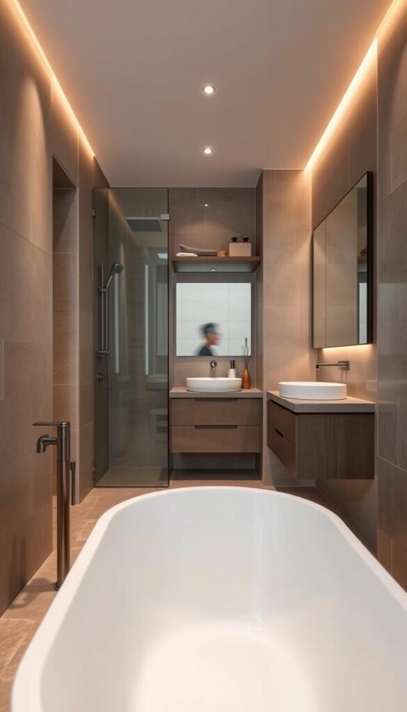 A small, cozy bathroom undergoing a serene transformation. Soft, warm lighting casts a gentle glow, illuminating the sleek, minimalist design. The foreground features a freestanding bathtub, its smooth, sculptural lines complemented by natural stone tiles. The middle ground showcases a floating vanity with a recessed basin, accompanied by a large, frameless mirror that reflects the space. In the background, a discreet, rain-style shower enclosure blends seamlessly with the overall aesthetic. The color palette is muted, with earthy tones and natural textures creating a calming, spa-like ambiance. The composition emphasizes balance, proportion, and a sense of tranquility, perfectly capturing the essence of a bathroom transformation for a cozy, inviting space. A small, cozy bathroom undergoing a serene transformation. Soft, warm lighting casts a gentle glow, illuminating the sleek, minimalist design. The foreground features a freestanding bathtub, its smooth, sculptural lines complemented by natural stone tiles. The middle ground showcases a floating vanity with a recessed basin, accompanied by a large, frameless mirror that reflects the space. In the background, a discreet, rain-style shower enclosure blends seamlessly with the overall aesthetic. The color palette is muted, with earthy tones and natural textures creating a calming, spa-like ambiance. The composition emphasizes balance, proportion, and a sense of tranquility, perfectly capturing the essence of a bathroom transformation for a cozy, inviting space.