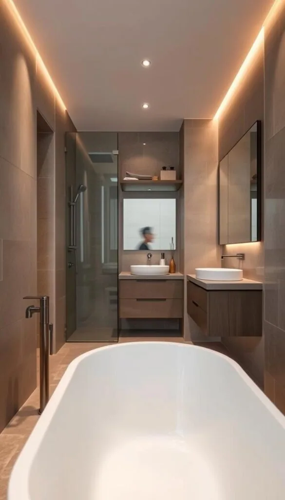 A small, cozy bathroom undergoing a serene transformation. Soft, warm lighting casts a gentle glow, illuminating the sleek, minimalist design. The foreground features a freestanding bathtub, its smooth, sculptural lines complemented by natural stone tiles. The middle ground showcases a floating vanity with a recessed basin, accompanied by a large, frameless mirror that reflects the space. In the background, a discreet, rain-style shower enclosure blends seamlessly with the overall aesthetic. The color palette is muted, with earthy tones and natural textures creating a calming, spa-like ambiance. The composition emphasizes balance, proportion, and a sense of tranquility, perfectly capturing the essence of a bathroom transformation for a cozy, inviting space.
