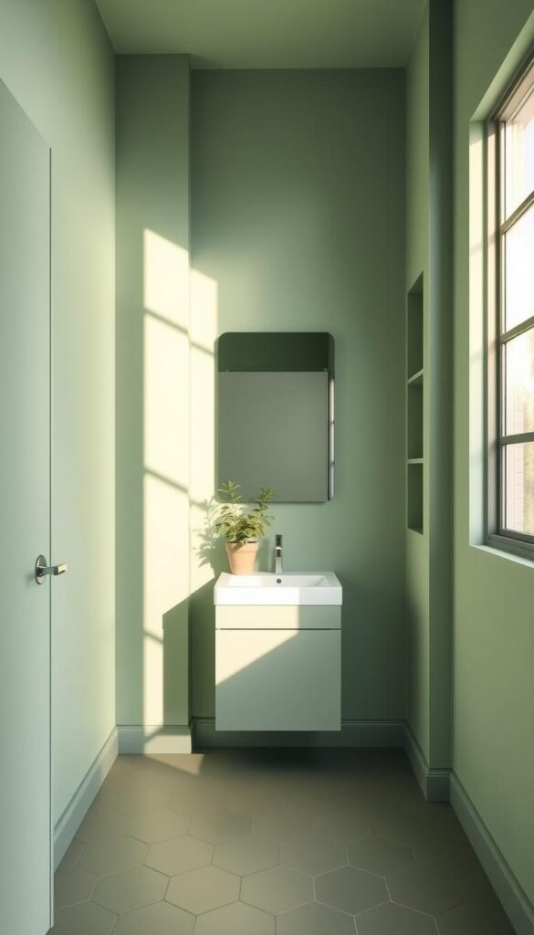A small, cozy green bathroom with natural light streaming through a large window. The walls are painted in a soothing mint hue, creating a calming and serene atmosphere. The floor is covered in smooth, hexagonal tiles in a complementary olive green shade. A minimalist vanity with a simple white sink and chrome fixtures stands against the wall, accented by a lush potted plant. The room is bathed in a soft, diffused lighting, casting a warm glow and highlighting the clean, contemporary design. Sleek, recessed shelves on the side wall provide discreet storage, while a large mirror reflects the space, making it feel more open and airy. The overall impression is one of a well-designed, efficient and visually pleasing small green bathroom that maximizes the available space.