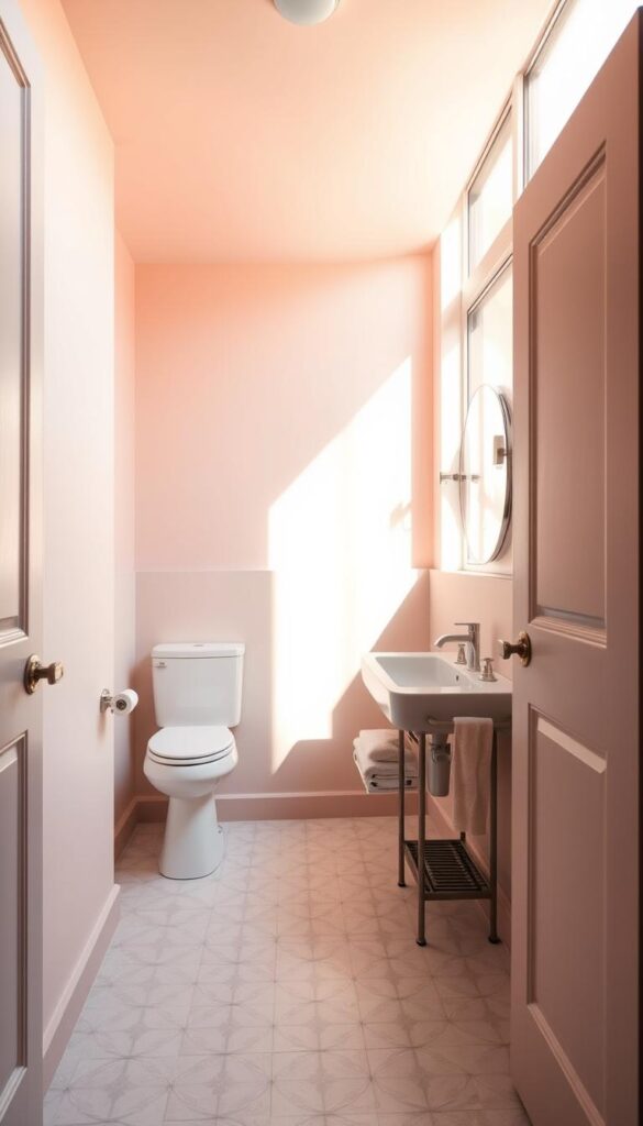 A small, well-lit bathroom with a clean, minimalist aesthetic. The walls are painted in soft, pastel shades that create an illusion of depth and spaciousness. The tile floor features a subtle, geometric pattern in complementary hues, drawing the eye upward. Fixtures and hardware in muted metallic tones add a touch of sophistication. Natural light streams in through a large window, casting a warm, golden glow and highlighting the carefully curated color palette. The overall atmosphere is serene, calming, and visually expansive, inviting the viewer to linger and unwind. A small, well-lit bathroom with a clean, minimalist aesthetic. The walls are painted in soft, pastel shades that create an illusion of depth and spaciousness. The tile floor features a subtle, geometric pattern in complementary hues, drawing the eye upward. Fixtures and hardware in muted metallic tones add a touch of sophistication. Natural light streams in through a large window, casting a warm, golden glow and highlighting the carefully curated color palette. The overall atmosphere is serene, calming, and visually expansive, inviting the viewer to linger and unwind.