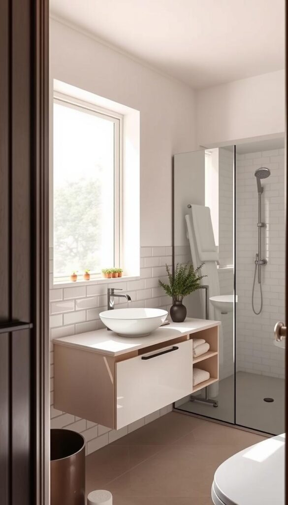 A small, yet meticulously designed bathroom with a clean, minimalist aesthetic. The scene is bathed in soft, natural light filtering through a large window, casting a warm glow on the pale, subway-tiled walls. A sleek, floating vanity with a minimalist vessel sink anchors the space, complemented by a large, frameless mirror that visually expands the room. The room is accented with touches of greenery and muted metallic fixtures, creating a serene and spa-like atmosphere. The layout is efficient, with carefully placed storage solutions maximizing the limited square footage. The overall impression is one of calm, sophistication, and a clever use of space.